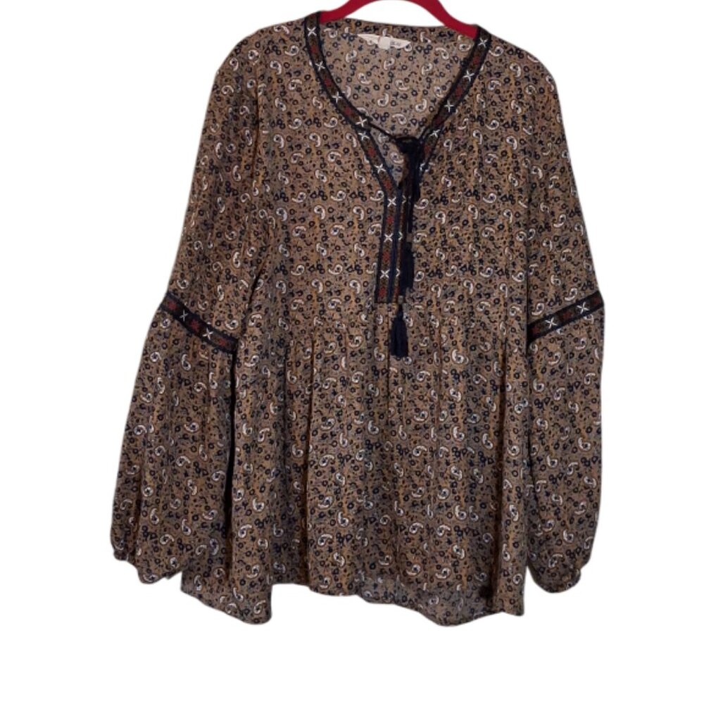 Tan and Navy Paisely Peasant Top, Size Large